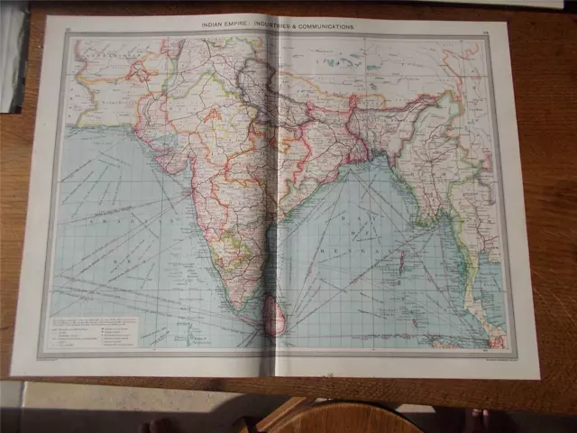 Antique c1904 Colour Map INDIAN EMPIRE INDUSTRY COMMUNICATIONS HARMSWORTH ATLAS