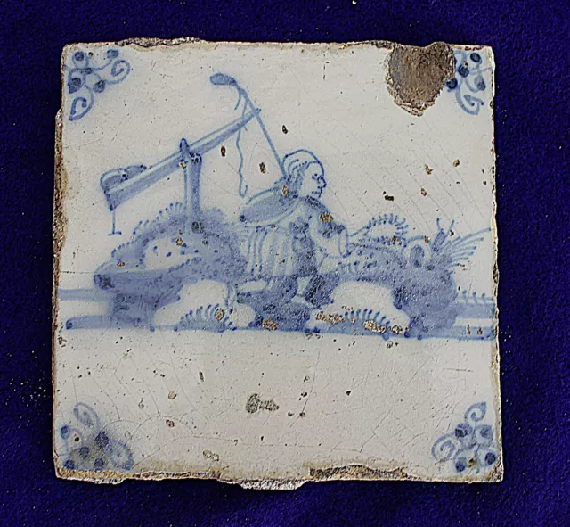 1700s Antique Dutch Delft Blue/White Fisherman Faience Tile #15