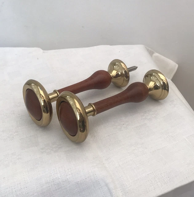 Vintage PAIR French Brass wood Drapery Curtain Holdback Towel embrace tieback