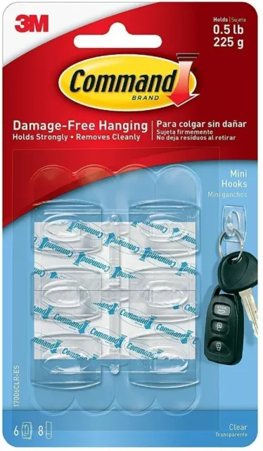 3M Command 6 Pack Mini Clear Self Adhesive Strips Hooks Damage Free Hold 225g