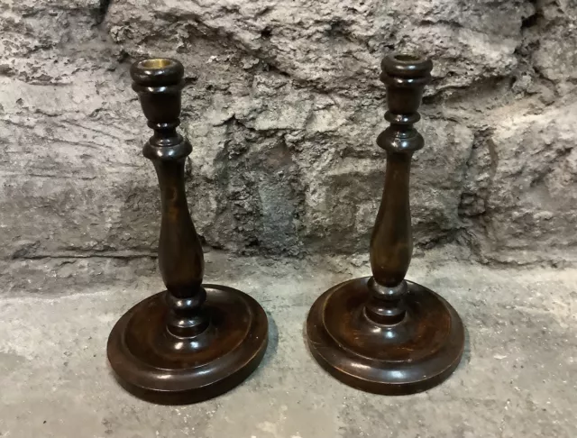 Vintage Pair Turned Wood Wooden Decorative Candlesticks