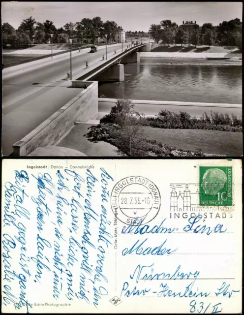 Ansichtskarte Ingolstadt Partie an der Donau Brücke 1955
