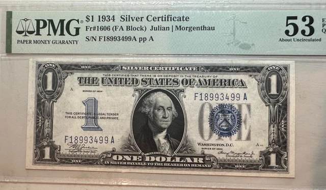 1934 $1 Silver Funnyback Fr. 1606 FA Block PMG 53 EPQ Serial F18993499A