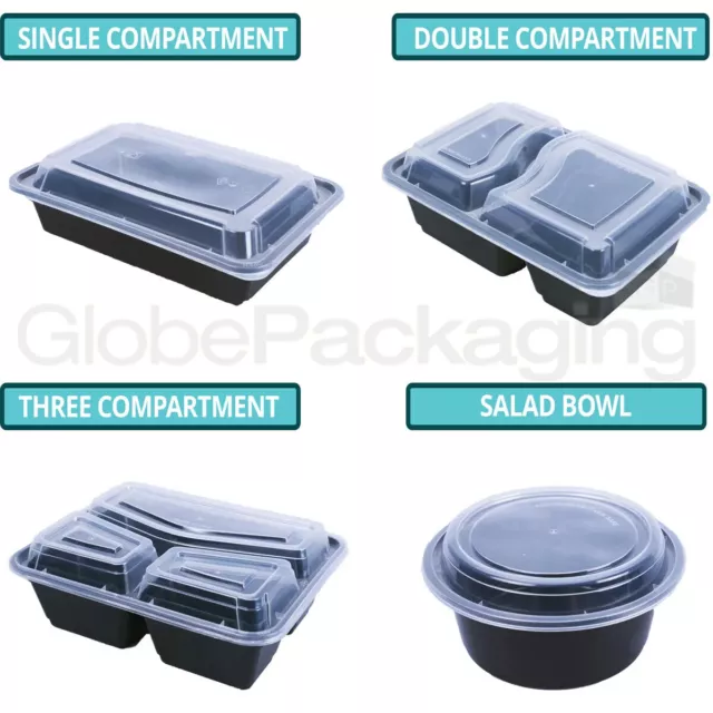 Black Reusable Meal Prep Microwave Food Containers Boxes With Lids *All Sizes*