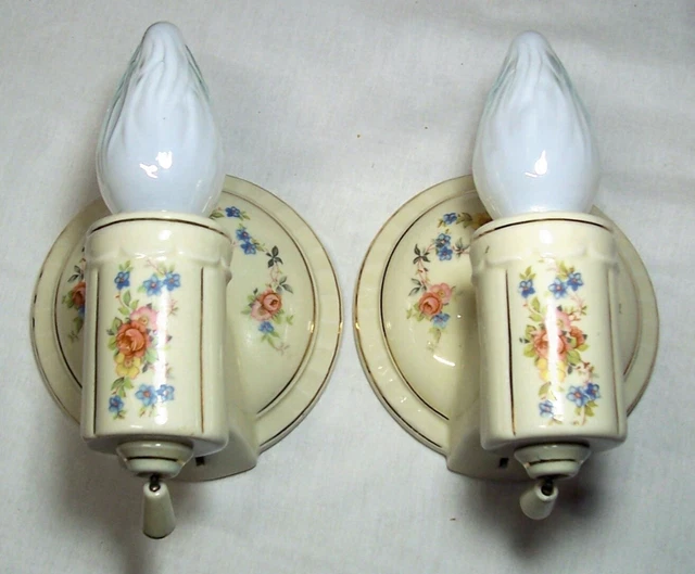 Vtg Porcelain Sconce Pair Antique Light Blue Pink Floral Bath Rewired USA #X87