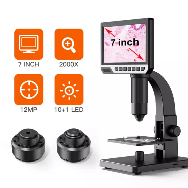 7" LCD 2000X Digital Microscope 12MP USB Soldering Magnifier +Biomicroscope lens