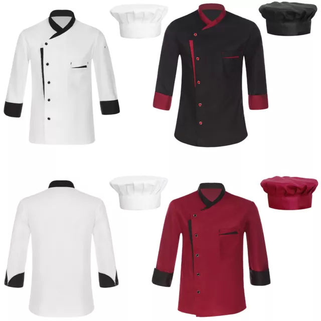 Unisex Uniform Costume Jacket Long Sleeve Chef Casual With Hat Restaurant Top