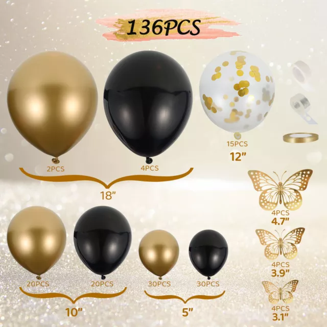 136pcs Party Balloons Assorted Reusable Latex Black and Gold Balloons Arch Sewle