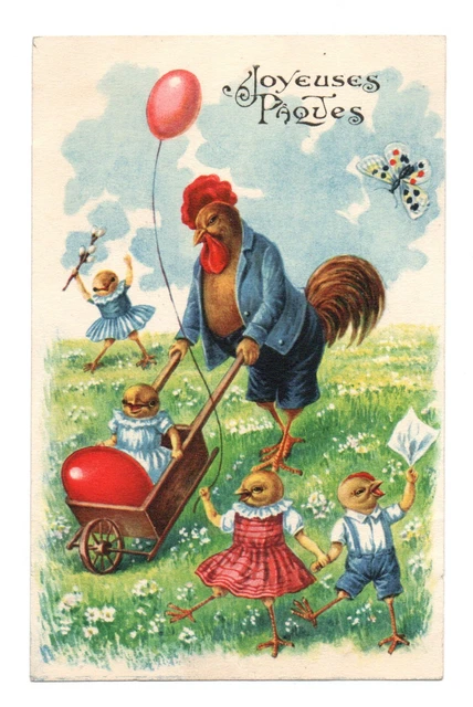 Cartolina Pasqua. Gallo E Pulcini IN Posizioni Umani