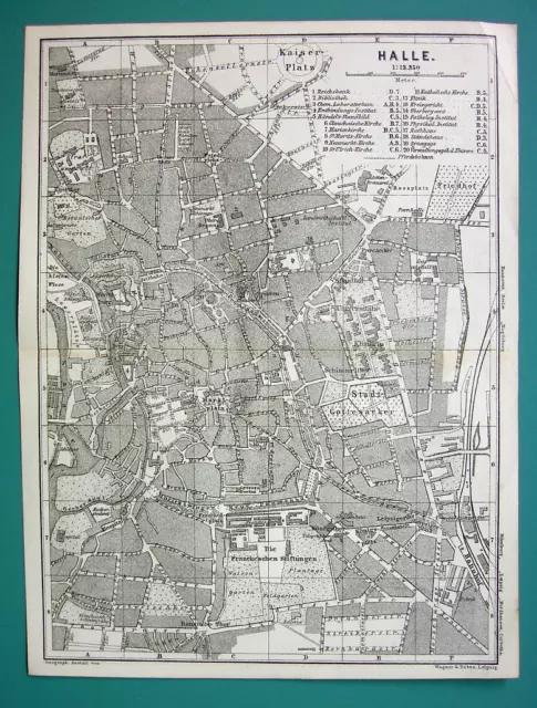 1884 MAP Baedeker - GERMANY Halle City Plan & Environs of Dessau