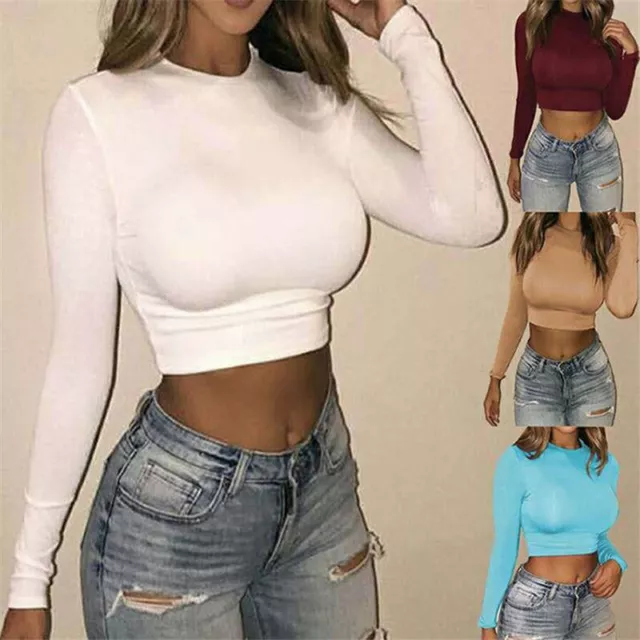 O-neck Crop Sexy Long Sleeve T Shirt Fashion Solid Women Top Sheath Autunmn