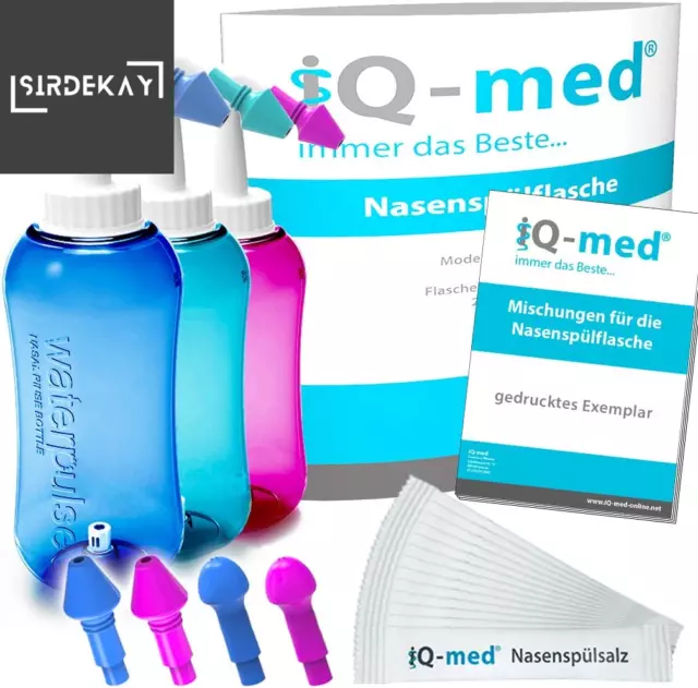 iQ-med Nasendusche 500ml + 44x Salz + 4 Aufsätze, zur Nasenreinigung (blau)