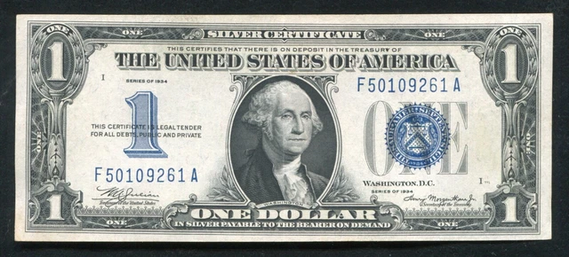 Fr. 1606 1934 $1 One Dollar “Funnyback” Silver Certificate About Uncirculated