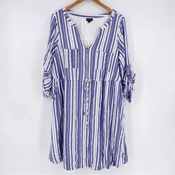 Torrid Striped Zipper Drawstring Waist Shirt Dress 3/4 Sleeve Size 2X