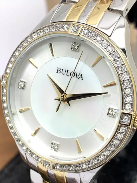 Bulova Women's Watch 98L273 Mother of Pearl Dial Two Tone Steel Crystal Accent