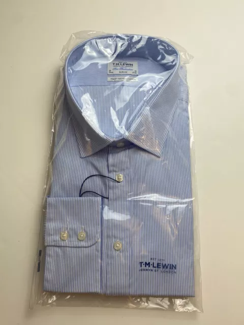 T.M. Camicia Lewin blu a righe 20"" - 38"" vestibilità regolare polsino con bottoni NUOVA
