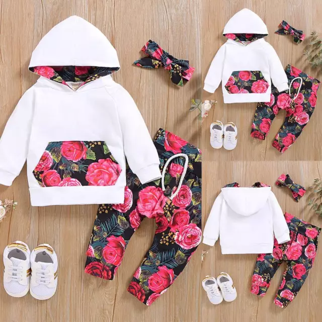 3PCS Newborn Baby Girls Floral Tracksuit Hooded Tops Pants Outfits Set Clothes