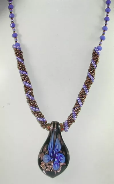 Blue & Bronze Lampwork Floral Pendant on Seed Beads and Crystal Necklace