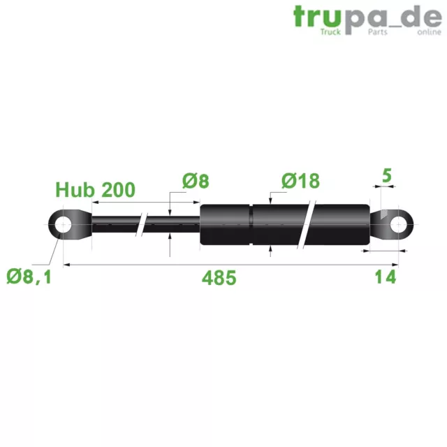 Gasdruckfeder Lift Haubenheber 150N / Hub=200,Länge 485,Ø 8/18 mm -Made in EU