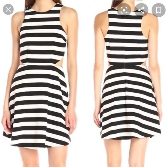 CeCe Womens Side Cutouts Striped Fit & Flare Dress 2 Black White Ponte Sleeveles