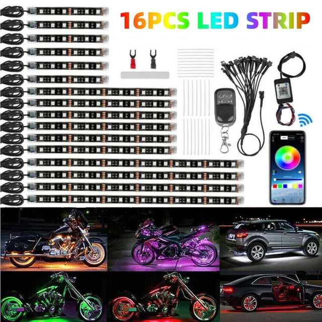 16PCS RGB Bluetooth Motorcycle LED Light Accent Glow Neon Strip Kit APP Control