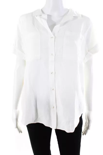 Renaur Womens Linen Buttoned-Up Collared Cuffed Short Sleeve Top White Size M