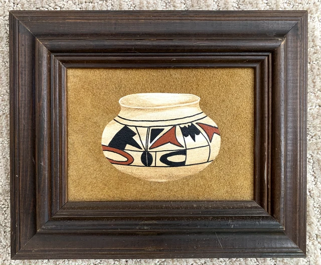 Erv Johnson Native American Acrylic on Suede Leather Nampeyo Hopi Bowl, Signed
