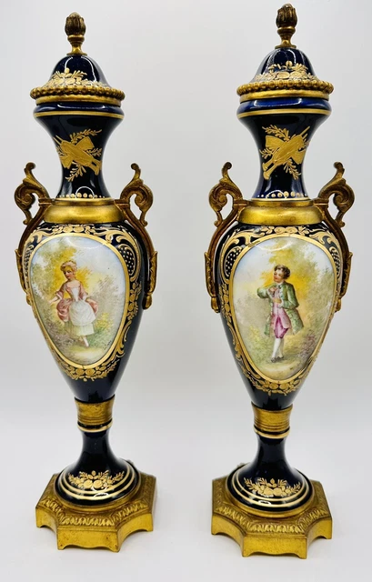Pair Château de Longpré Sevres Handled Porcelain Vases Urns Lid Signed LeFranc