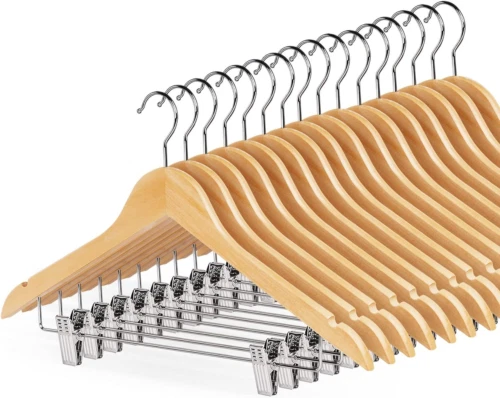 HOUISM Confezione da 16 Appendiabiti in legno con clip, Pantaloni Naturali