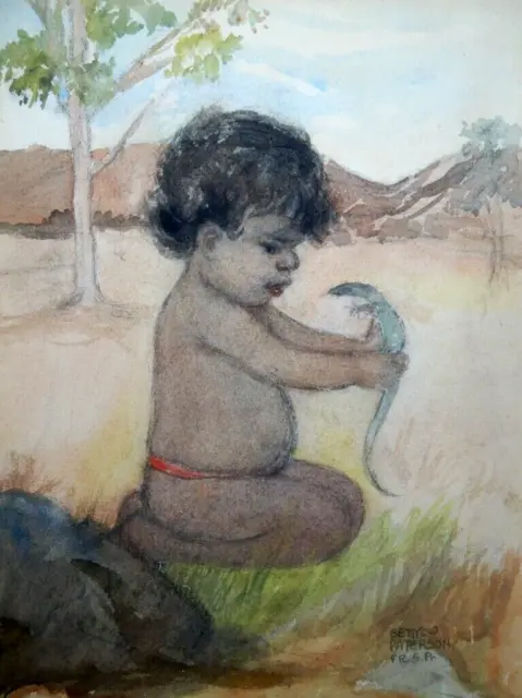 Australian Watercolour An Aboriginal Child With Lizard By Betty Paterson    P375
