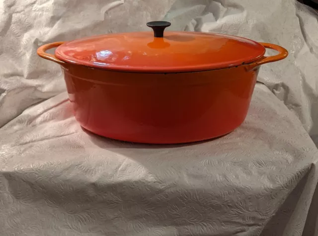 VTG  Le Creuset Cast Iron Oval Enamel Dutch Oven Orange Flame Large Length 11"