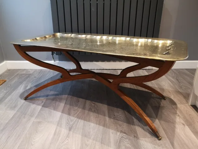 1950s Mid-century Moroccan Brass Top Boho Spider Legged Coffee Table