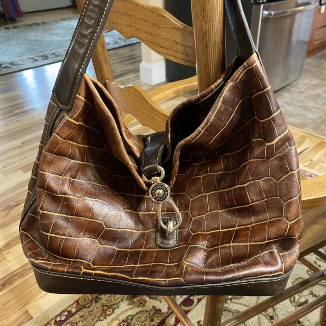 Dooney & Bourke Brown Leather Croco Embossed Hobo Bucket Tote.