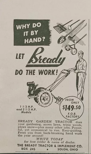 Bready Tractor Tiller Plow Mower Solon OH Vintage Print Ad 1950