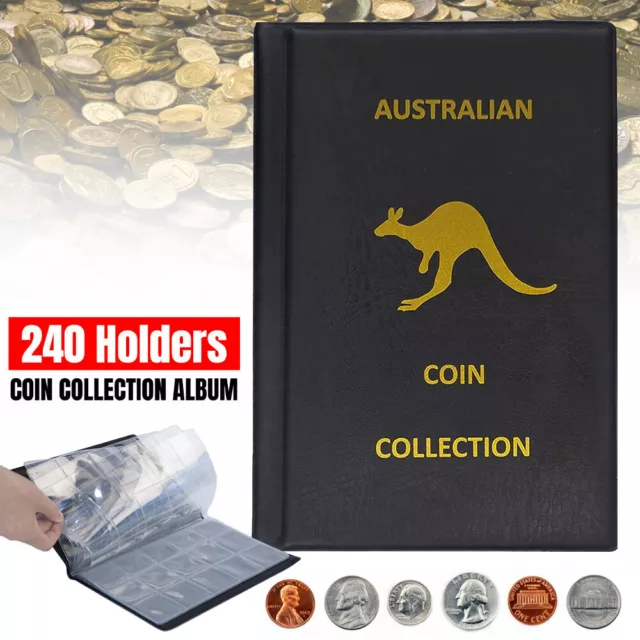 Coin Album - 240 Coin Collection Folder Book holders Coins Black/Gold Australian