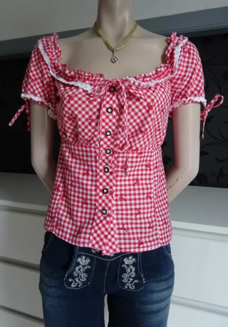 German  Bavarian Ladies Red Checked Trachten Blouse 10