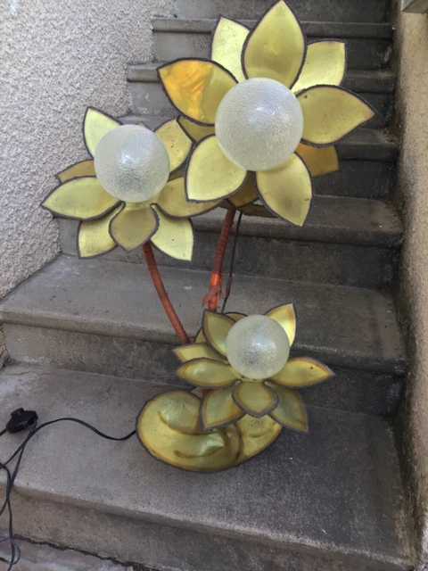 Belle Grande Lampe Fleur Maison Jansen 1970 Laiton Metal Dore Feuilles