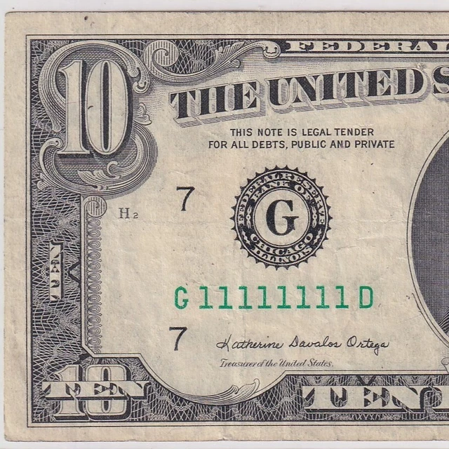 1985 Ten Dollars $10 FRN Chicago Fr.1978-G—RARE serial # G11111111D—very fine