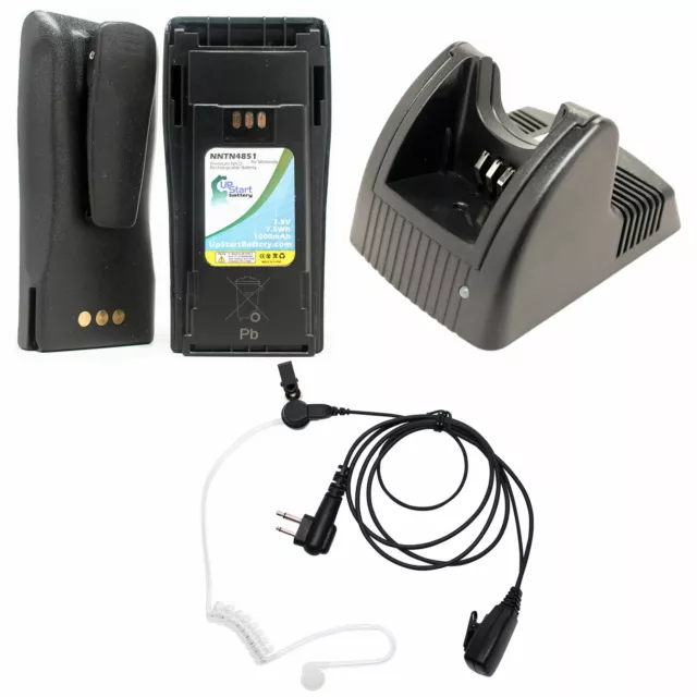 2 Pack NICD Battery + Charger + Earpiece w/ PTT Mic for Motorola CP200, EP450