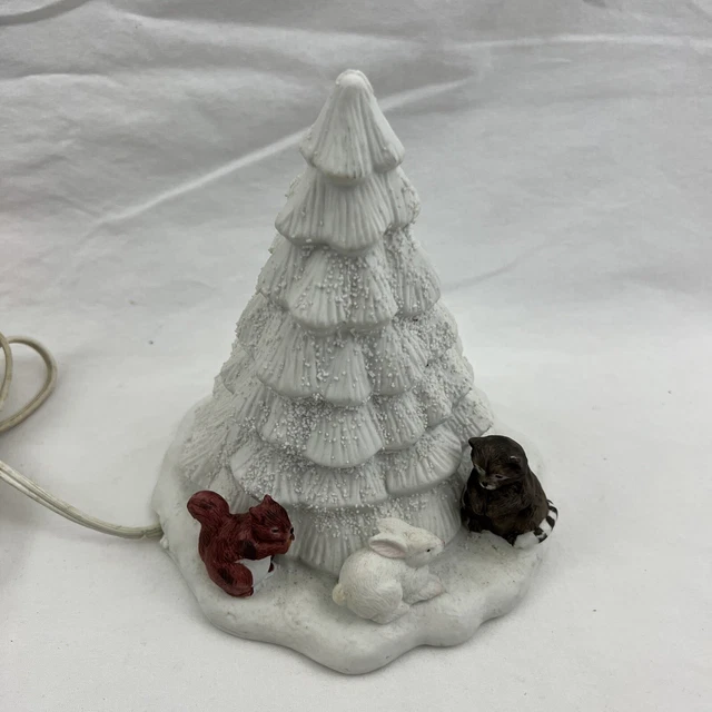 Vintage White Textured Lighted Ceramic Christmas Tree Lamp Woodland Animals 7