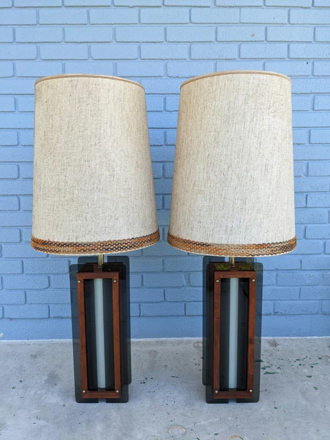 Rare Vtg 1960's Pair Nova of California Smoked Lucite Walnut Table Lamps 40" MCM