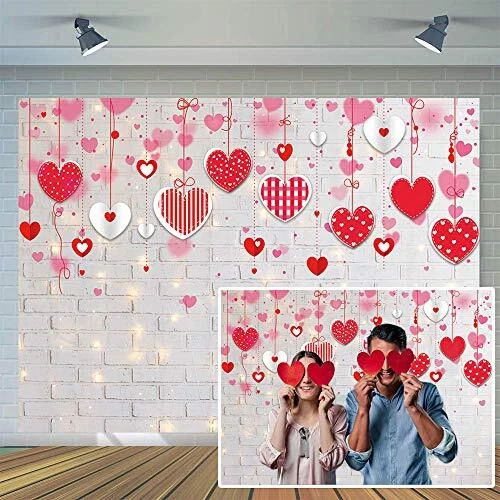 7x5ft Love Sweet Heart Valentine's White Brick Wall Backdrop Photography Glit...