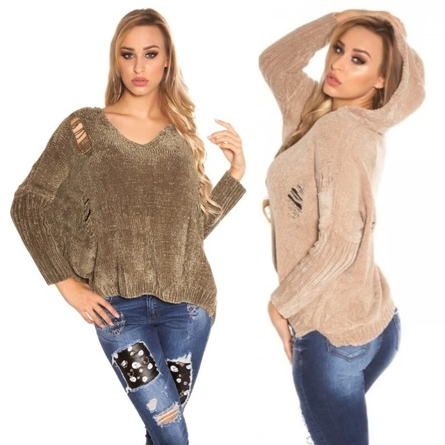 Maglioncino maglia maglietta maglione donna largo strappi sexy maniche lunghe