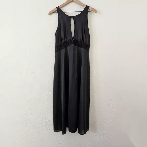 Vintage 70s 80s ADONNA Black Satin Lace Nylon Negligee Nightgown Size M Keyhole