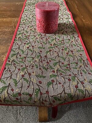Tasselled Christmas Table Runner 77” Long with Holly Leaves , Berries And Gold