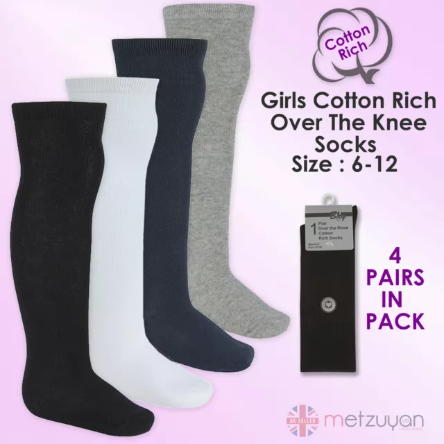BAY 6 Kids Childrens Girls School Socks 4 Pairs High Over The Knee Cotton Rich