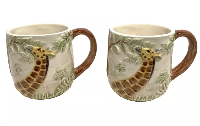 Pair of Vintage Otagiri Ceramic 3D Mugs, Japanese, Giraffe and Trees Scene, EUC