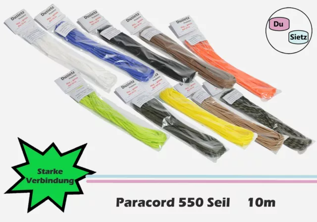 Paracord 550 10m 10 Farbvariationen Befestigungsseile Knotseile Schnüre Seil NEU