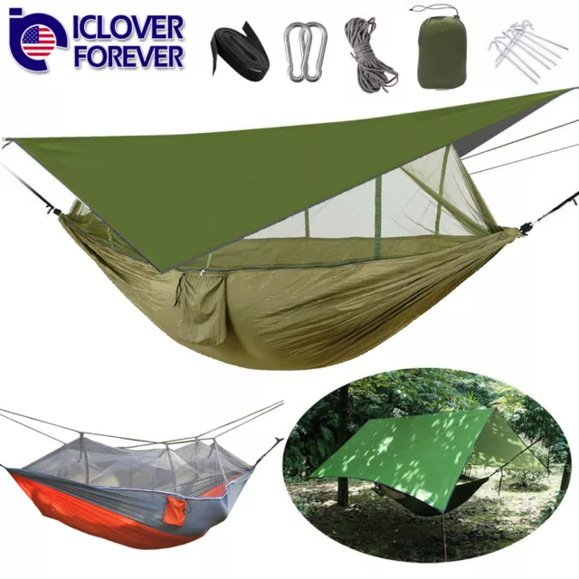 2 Person Camping Hammock Tent Mosquito Net+Waterproof Rainfly Tarp Shelter Cover