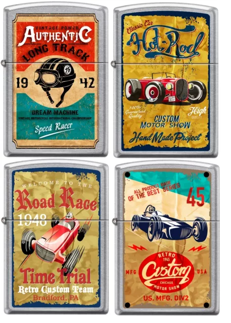 Zippo Old School 1940's Race Club 4 Lighter Set Vintage Poster Street Chrome NEW